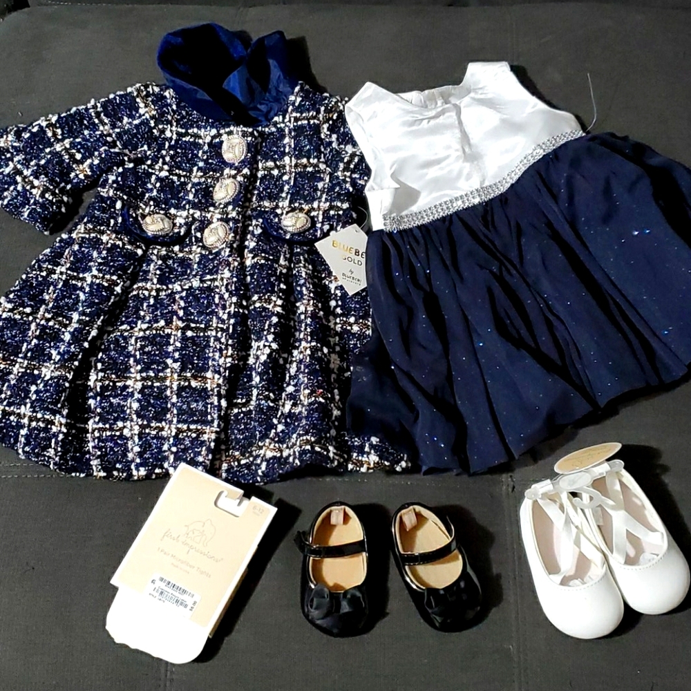 Blue Coat, Dress, and Shoes Formal Sz 6/9m Set